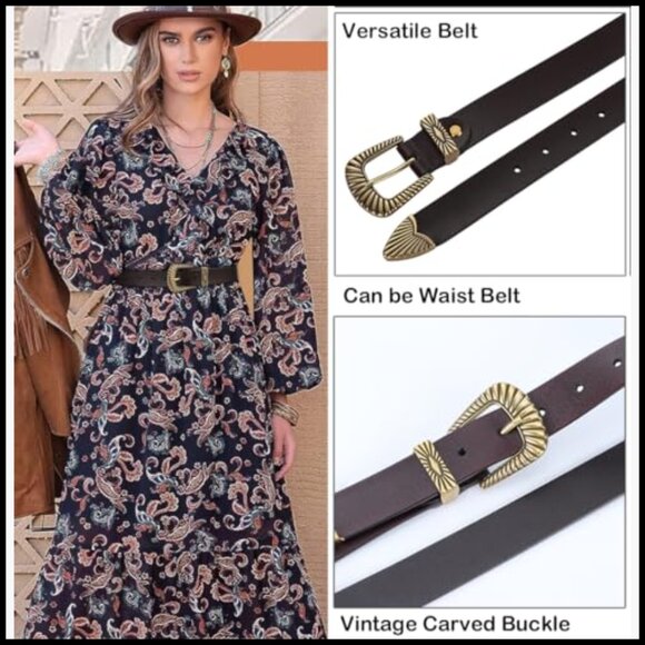 Leather Western Belt with Gold Silver Buckle for Women main image 7